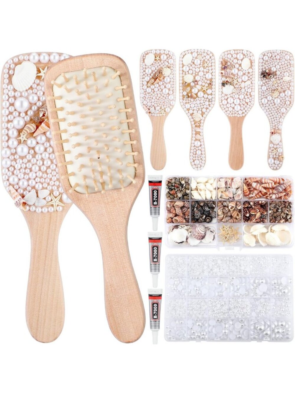 DIY Mermaid Hairbrush Kit - 6 Seashell Brushes with Rhinestones & Pearls for